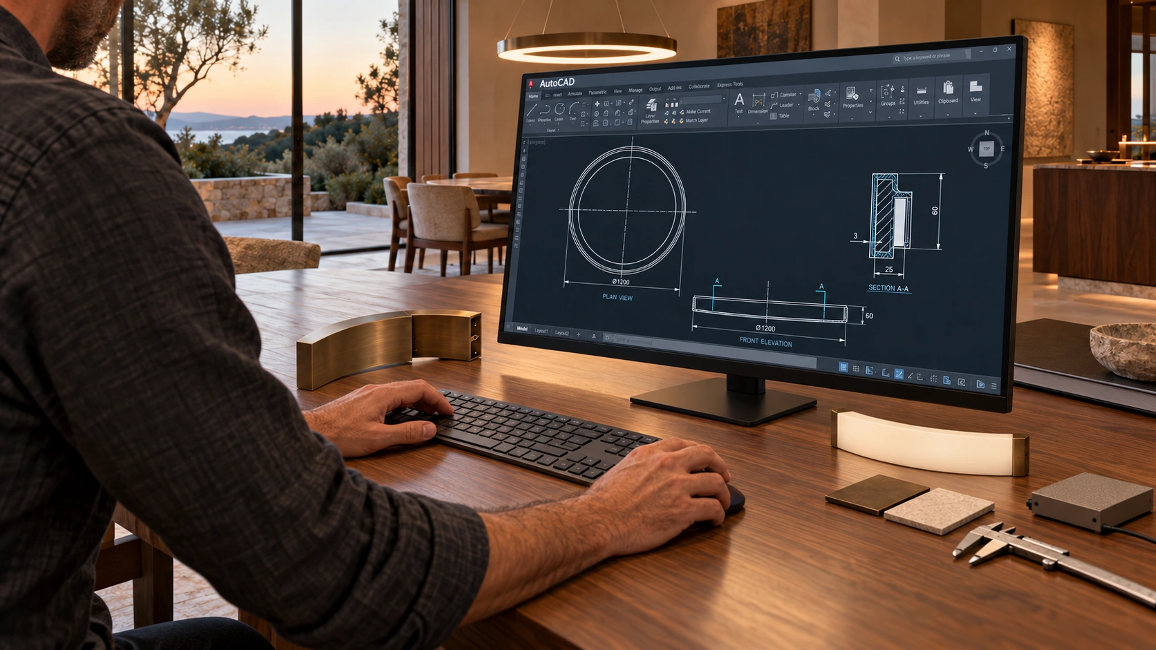 Tervező a körlámpa AutoCAD gyártmányrajzát vizsgálja monitoron, mellette bronz- és opálminták.