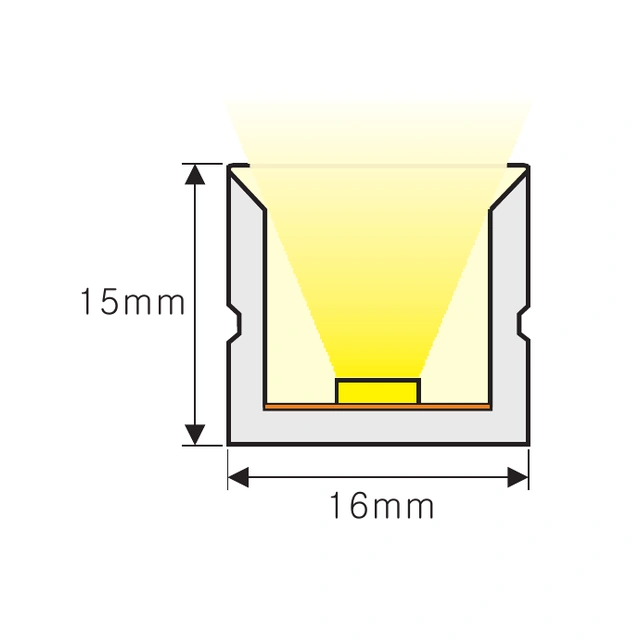 NP-T1615 IP68 PU Neon Flex méretezett keresztmetszeti ábrája, 16 × 15 mm.