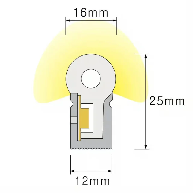 NS-S1225 Neon Flex méretezett keresztmetszeti ábrája, 12 × 25 mm.