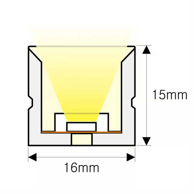 NS-T1615 Neon Flex méretezett keresztmetszeti ábrája, 16 × 15 mm.