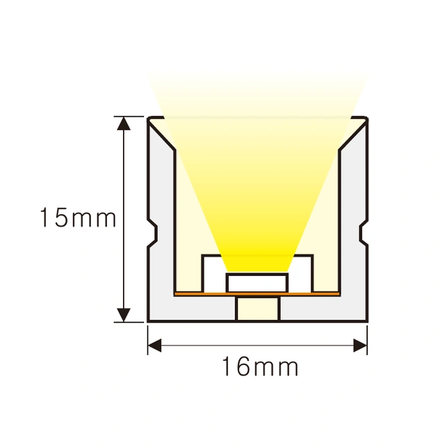 NS-T1615 DMX512 Pixel Neon Flex méretezett keresztmetszeti ábrája, 16 × 15 mm.