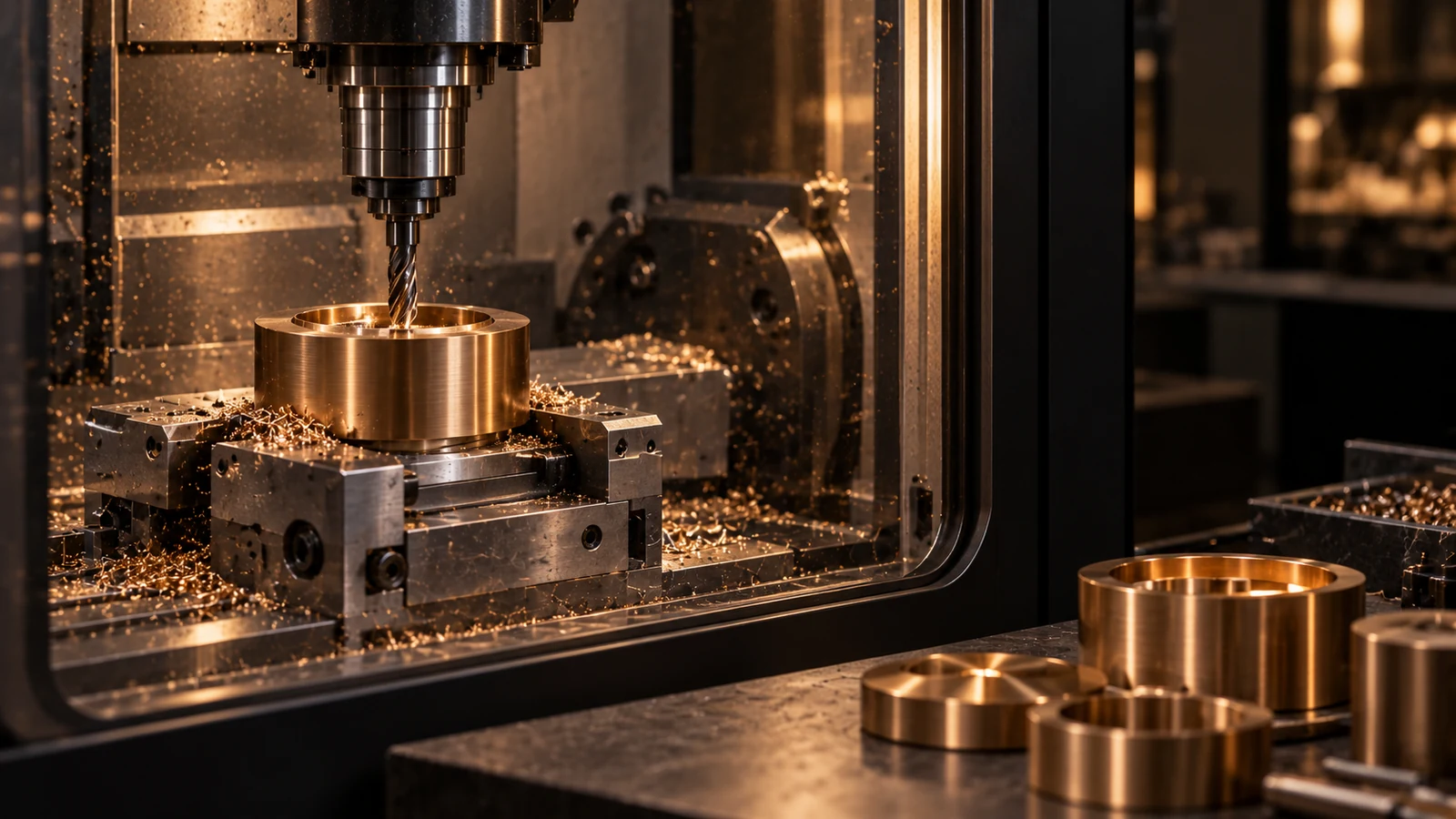 Megmunkált bronz lámpaalkatrész egy CNC-marógép munkaterében, kör alakú szerelőelemekkel.