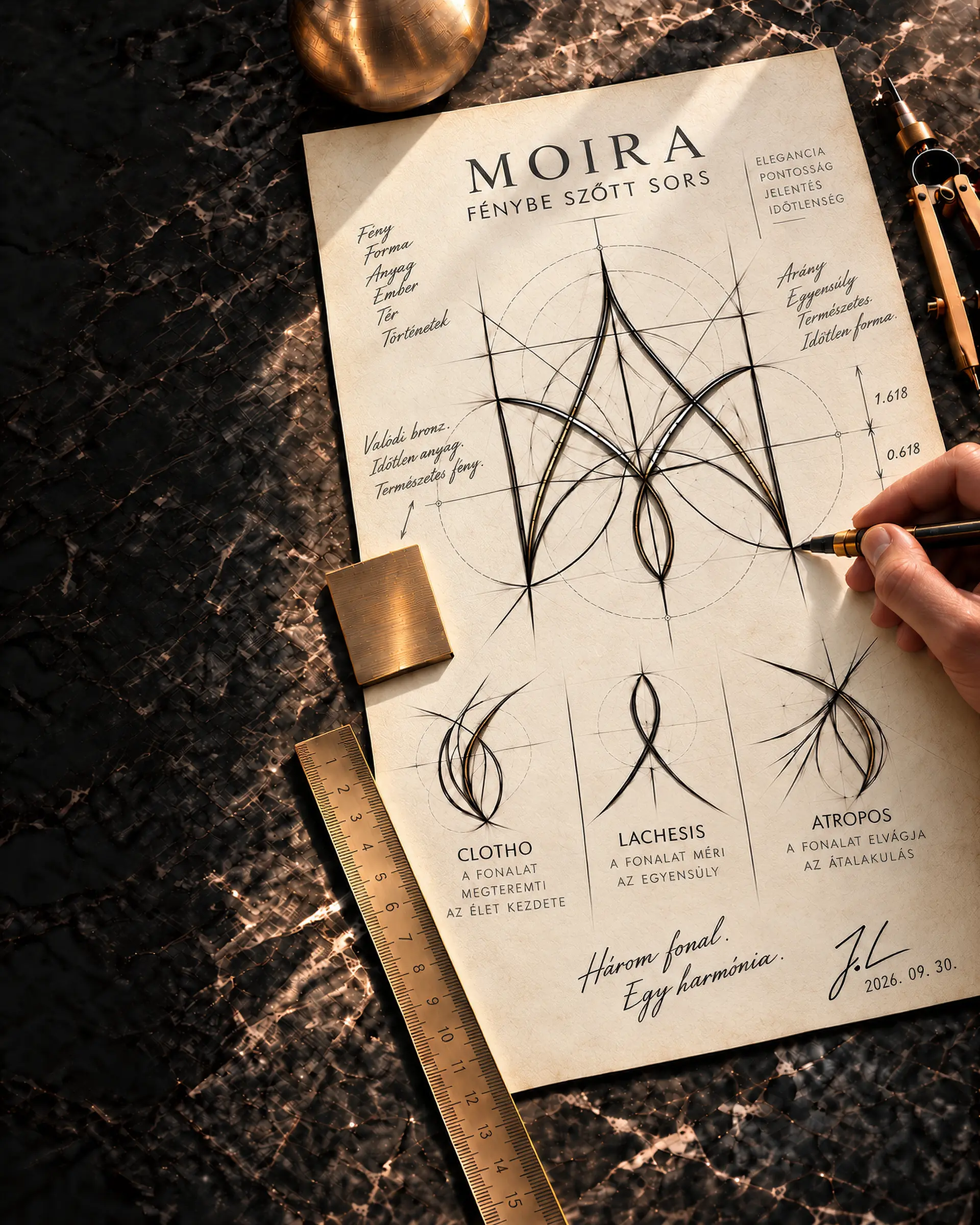 MOIRA lámpakoncepciók geometriai vázlatai rajzlapon, szálcsiszolt bronz anyagmintával.