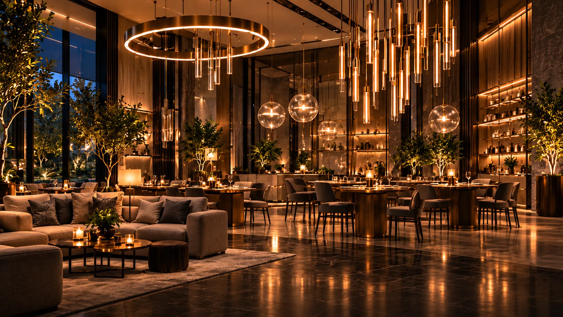 Szállodai lounge és étterem bronz gyűrűlámpával, üveg függesztékekkel és meleg hangulatvilágítással.