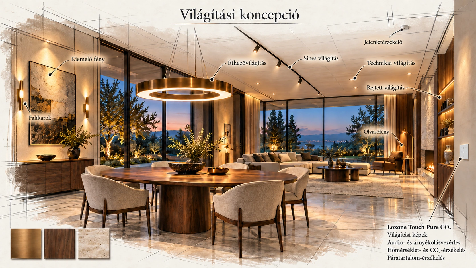 Világítási koncepciórajz körlámpával, falikarokkal, sínes spotokkal, jelenlétérzékelővel és Loxone Touch Pure kezelővel.
