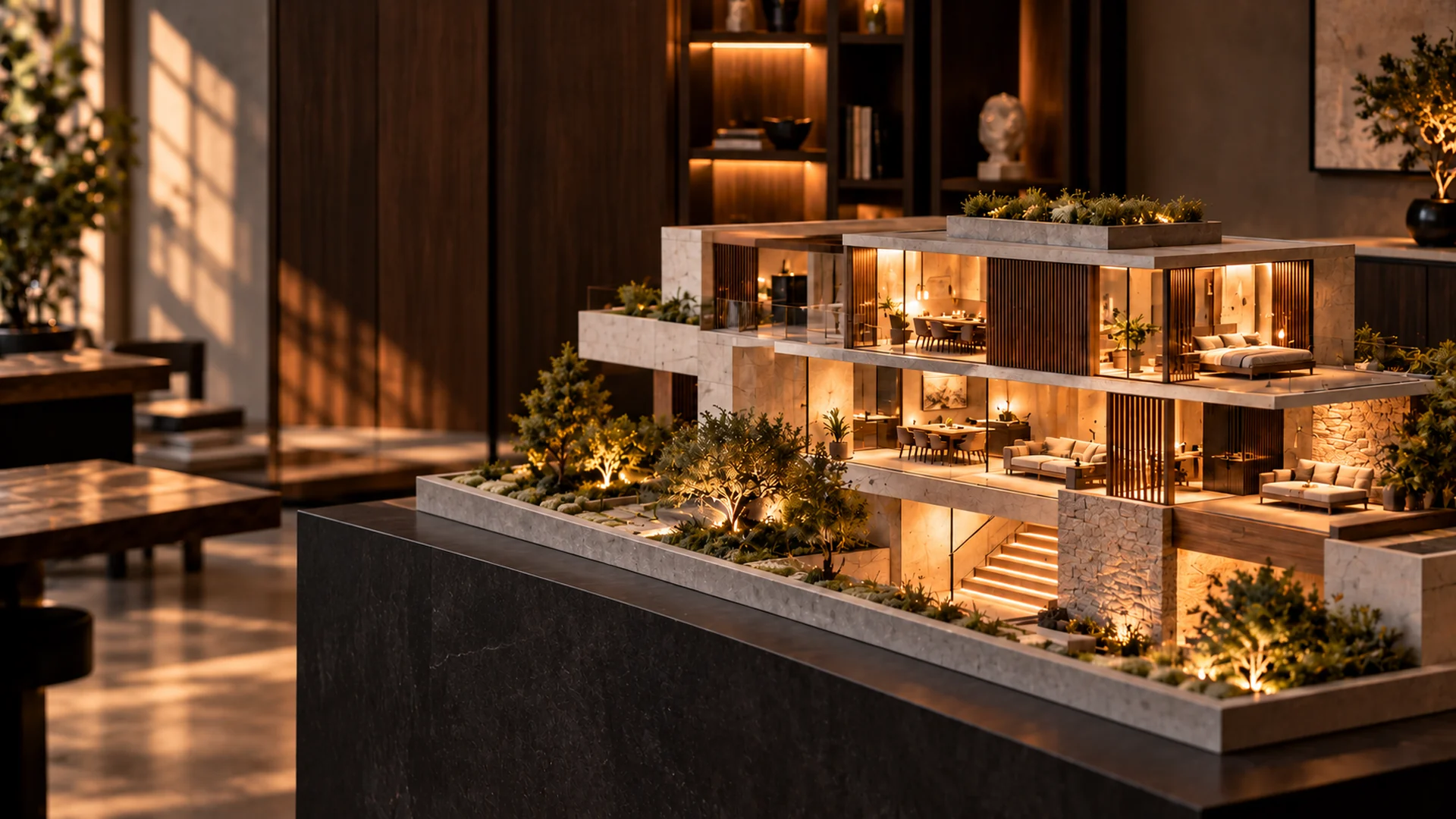 Többszintes villa megvilágított építészeti makettje, miniatűr lakóterekkel, lépcsőkkel és kerttel.